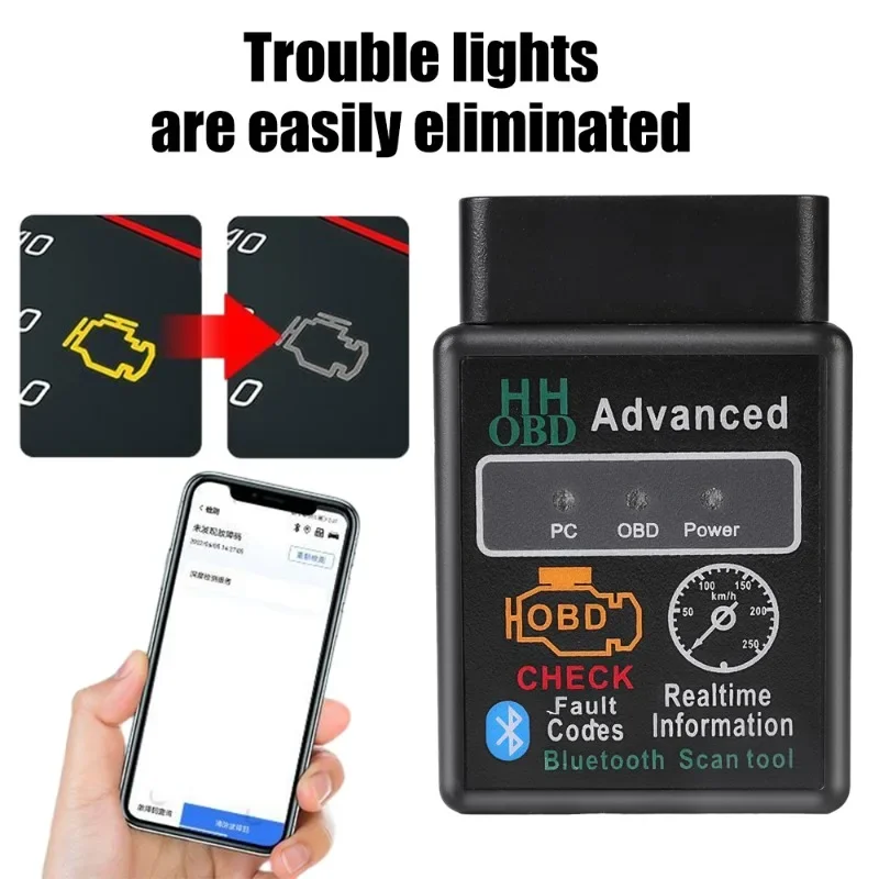 Car HH OBD Bluetooth Scanner Read and Erase Car Fault Code Engine Light Scanner Code Reader for Andriod Pc iOS