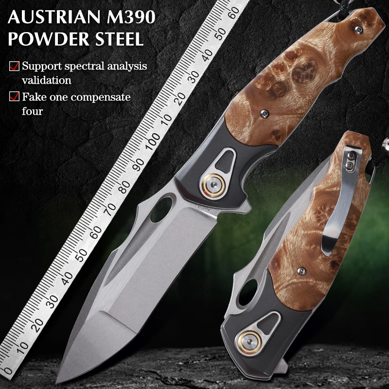 M390 Powdered Steel Folding Knife Wooden Handle Camping Knife with Sheath Outdoor Survival Tool Gift Hunting Knife EDC Tools