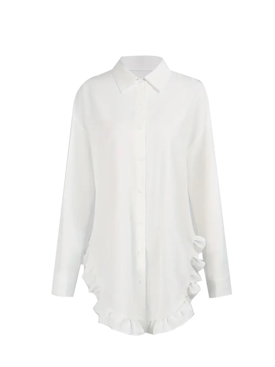 Herbst Weiß Frauen Mini Shirts Kleid Täglich 2025, Frühling Sommer Falbala Revers Langarm Casual Vintage Bluse Lose Y2K Kleidung