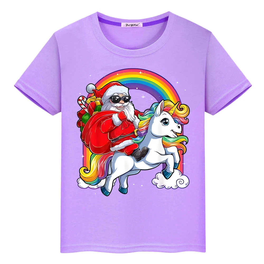 

Santa Unicorn print t shirt for kids boy 10year anime Short y2k one piece Merry Christmas 100%Cotton Tops Cute Tees girl clothes