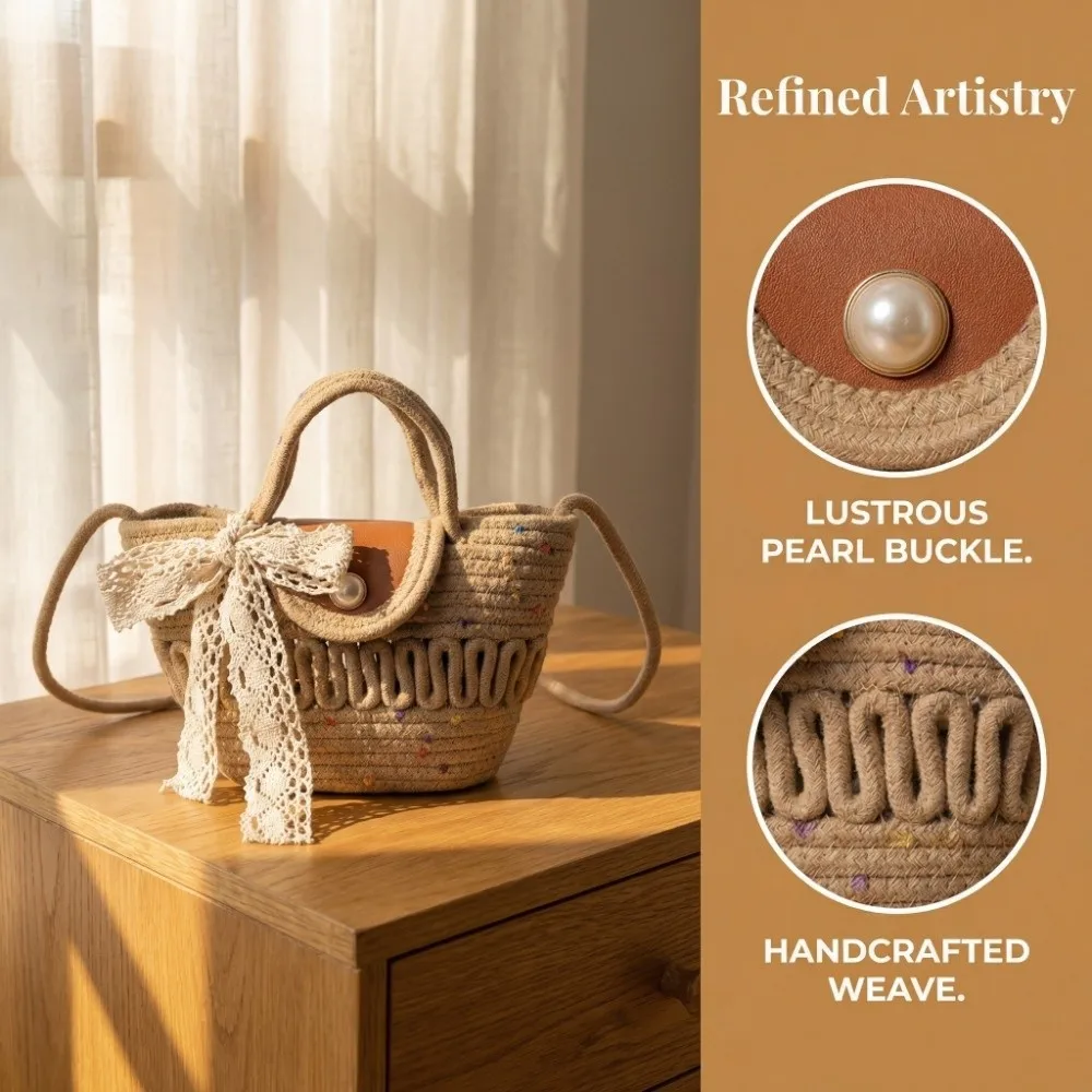 

Simple Large Capacity Weave Straw Bag Hollow With Ribbon Beach Tote Bag French Style Crossbody Bag Basket Bag Holiday