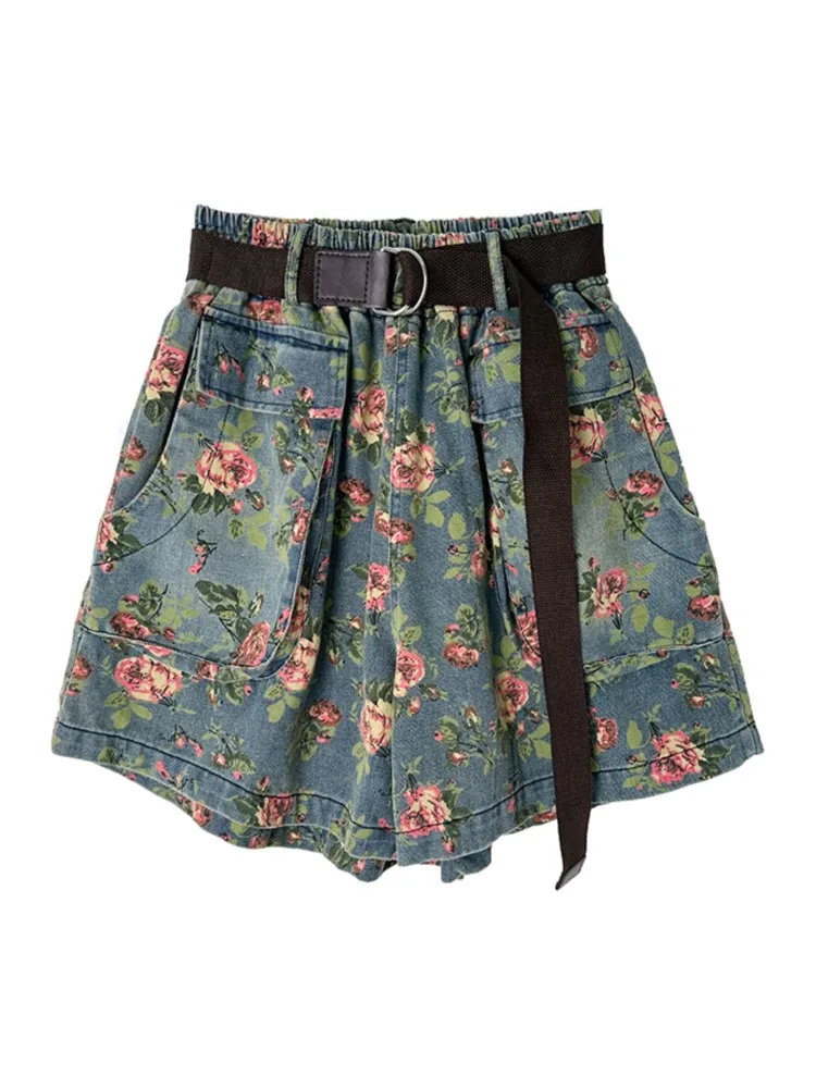 Jeans Summer Flower Print Mini Wide Leg Shorts Women Casual Modis Loose Ladies Trousers Ruffle Pleated Woman Elastic Waist Short