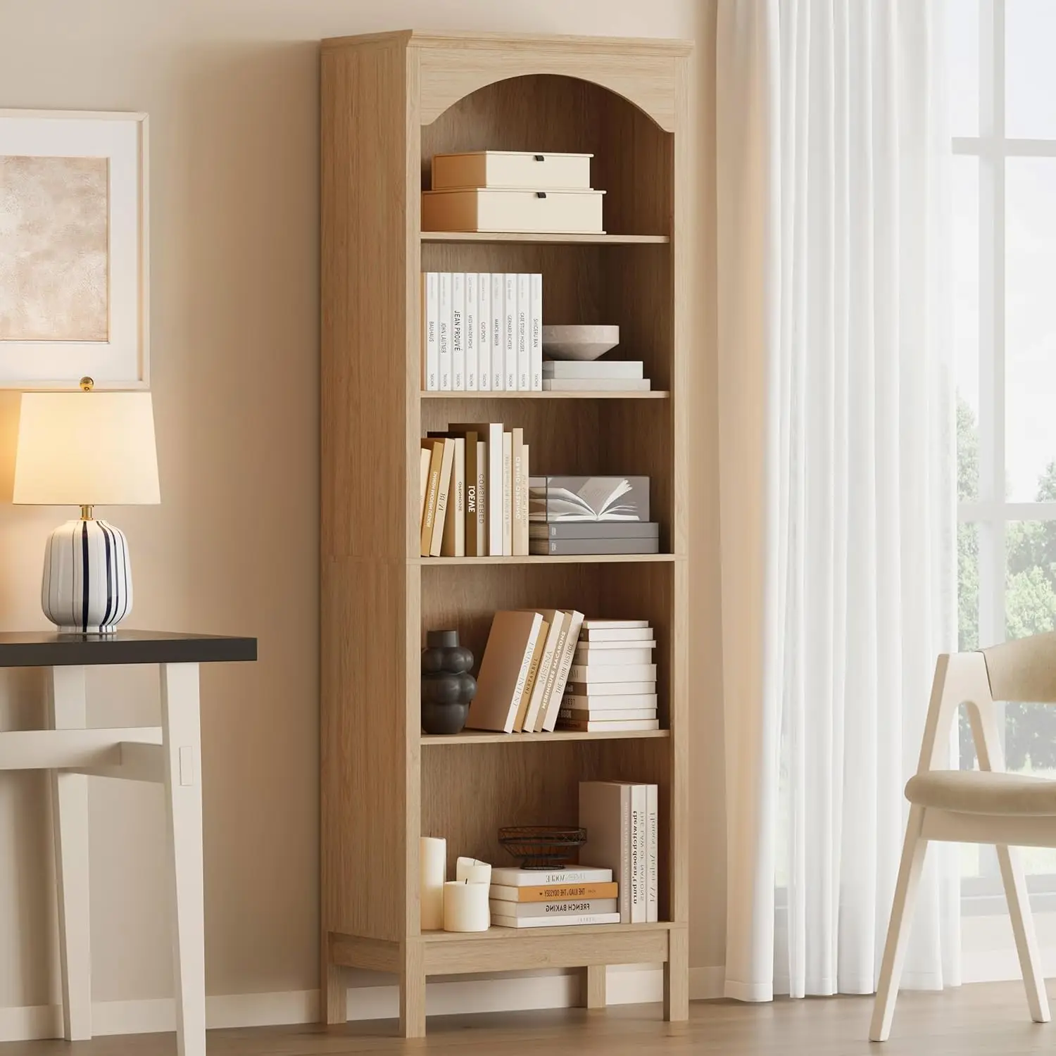 Arched Bookshelf with 5 Tier Open Shelves, 71" Tall Wood Bookcase with Adjustable Shelves, 24" Wide Floor Standing Display Stora
