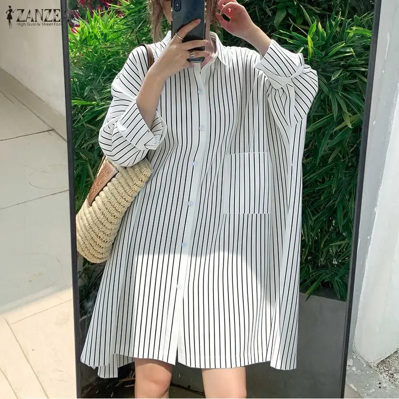 

ZANZEA Long Shirts Women Buttons Lapel Striped Casual Blouse 2026 Fashion Long Sleeve Pockets Oversized Blusas Vintage Print Top
