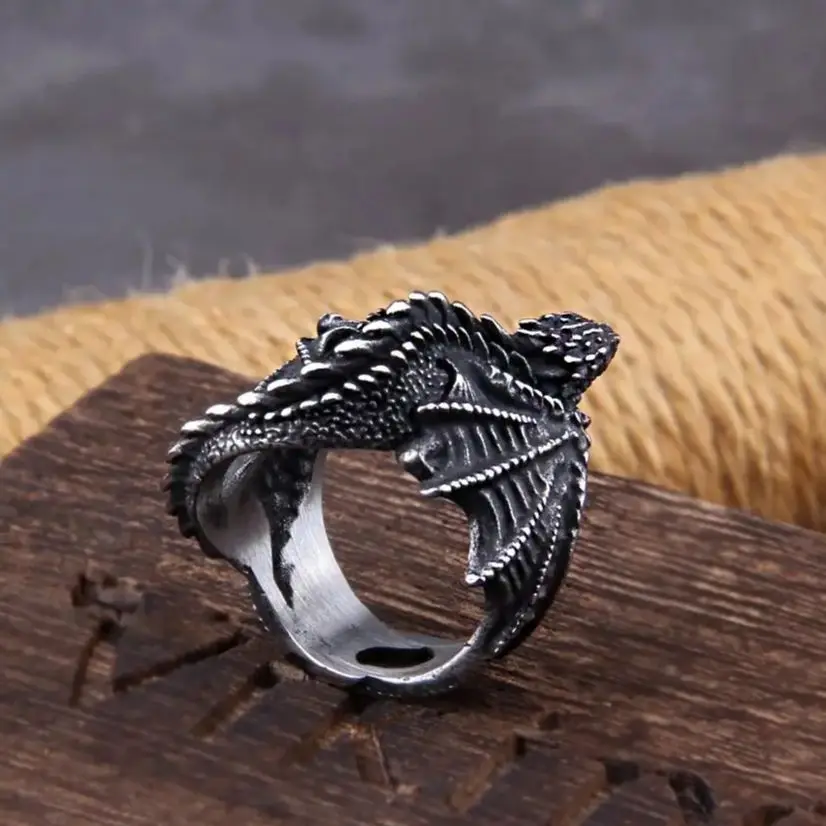 Viking Style Stainless Steel Huge Dragon Ring for Men Male Fashion Jewelry as gift with wooden box view 3