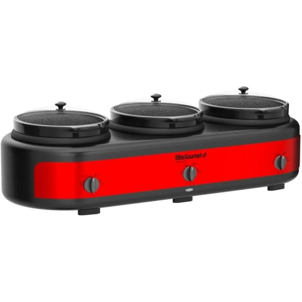 EWMST-325R Maxi-Matic Triple Slow Cooker Buffet Server Adjustable Temp Dishwasher-Safe Oval Ceramic Pots, Lid Rests