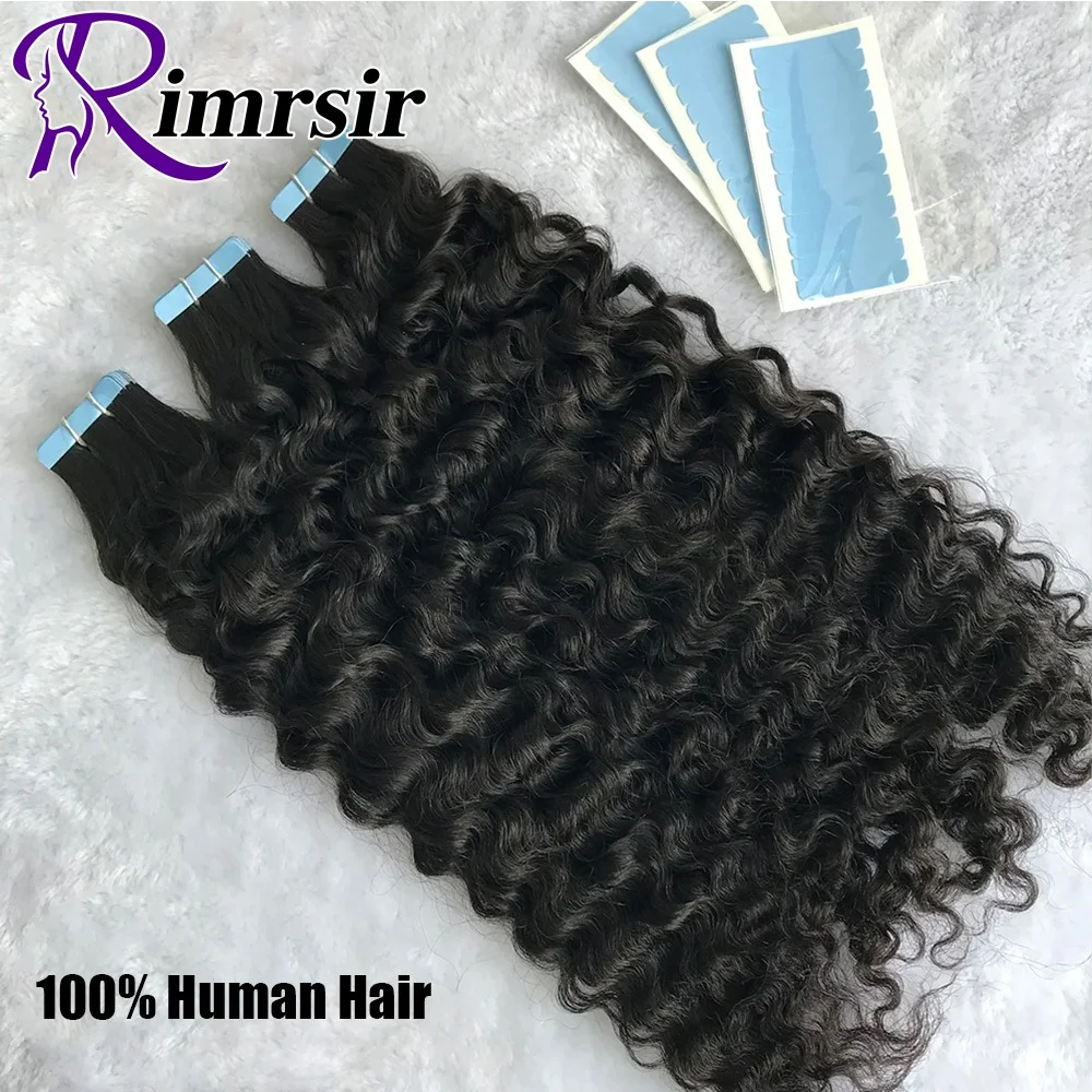 Natural Water Wave Tape In Human Hair Extensions Real Remy Human Hair Skin Weft Wet and Wavy Curly Hair Invisible Tape ins Hair