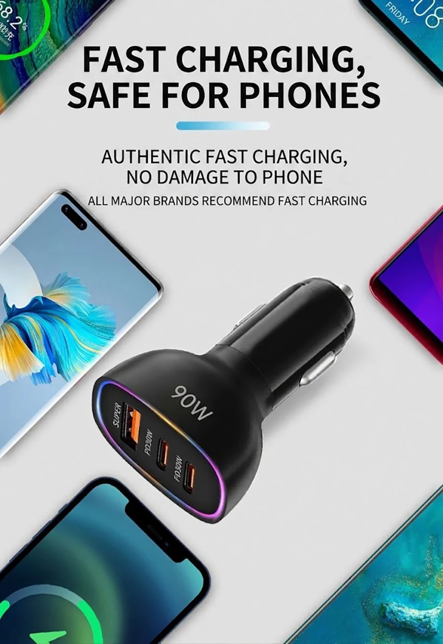 Fast Car Charger 90W 3 Ports Multi USB C PD 30W and USB A QC 30W Automobile Power Adapter with Glowing Ring For Smart Devices