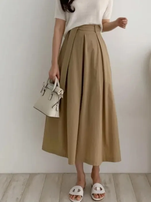 Khaki High Waist Half Skirt Women's Summer Vintage Belted Slimming Pleated Loose Elastic Waist Midi Skirt Large Skirt
