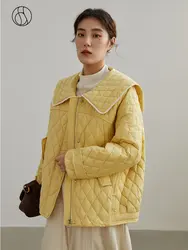 DUSHU 127.1G Filling Capacity Navy Neck Diamond Check Pleated Down Jacket Women Yellow Short Office Lady Zipper Down Coats