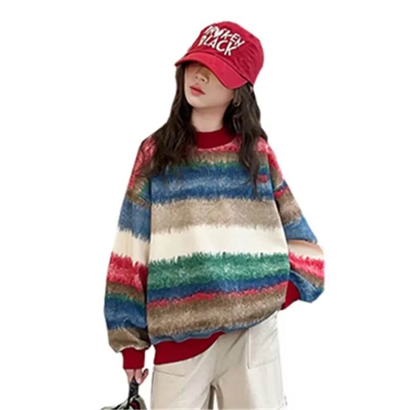 

Trendy School Girls Colorful Stripe Sweatshirt Kids Long Sleeve Cotton Spring Fall Children Multi-colored Streetwear Clothes Top