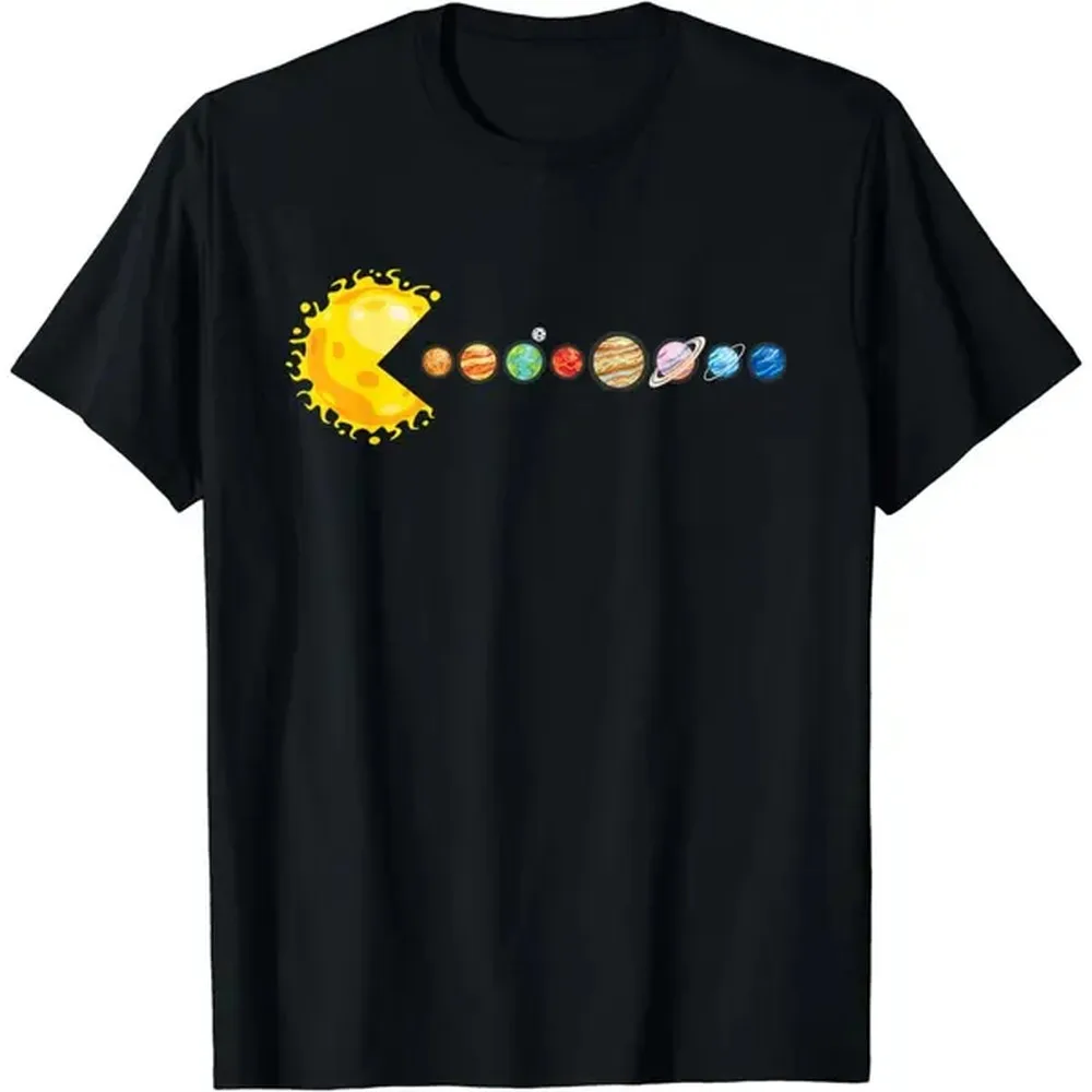 Sun Pacman Eating Planets Graphic T-Shirt Solar System Space Print Short Sleeve Casual Streetwear Tops