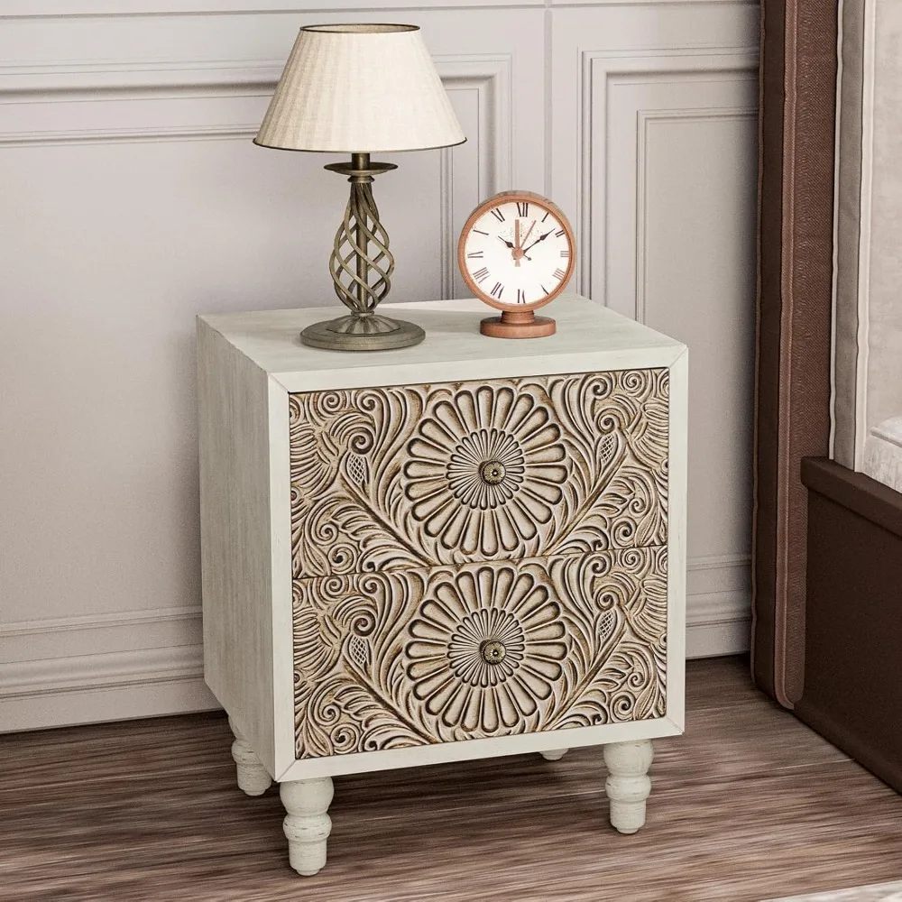 

Nightstand, Rustic End Table with 2 Pattern Carved Drawers, 4 Wood Legs, Use-friendly, Easy Assemble and Clean Bedside Table