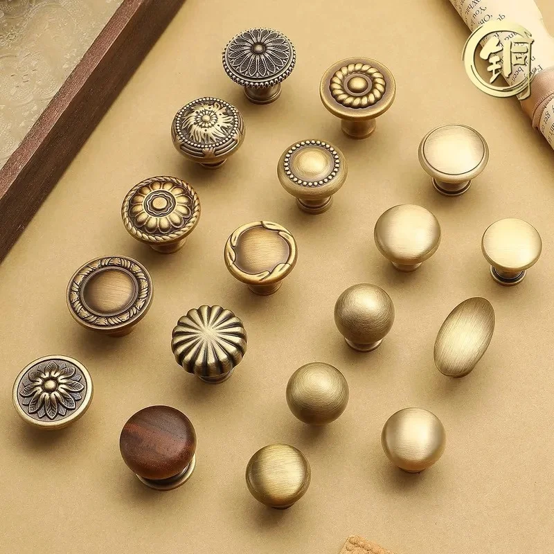 American Retro Bronze Brass Cabinet Door Handle Small Single Hole Drawer Wardrobe Side Cabinet Light Luxury Hardware