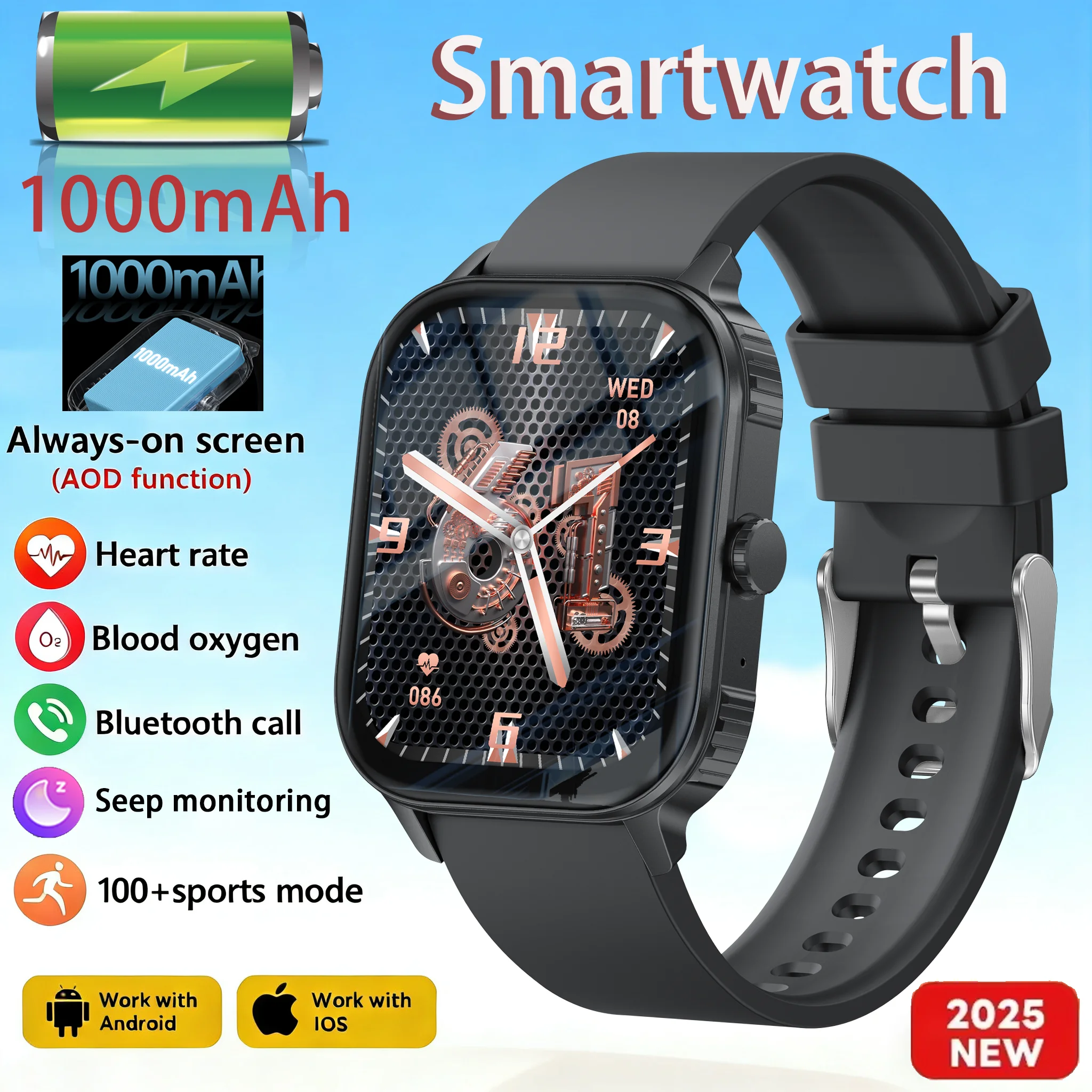

2.04inch Sports SmartWatch 1000mAh Health Monitor Waterproof Smartwatch WirelessCall Watches for Men Women for Android iOS
