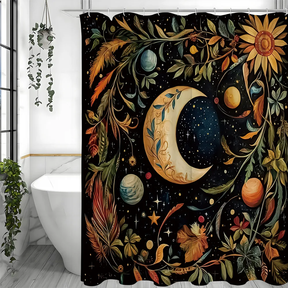 ม่านอาบน้ำลายดวงจันทร์และดาวเคราะห์สไตล์เรโทร ซักได้ กันฝุ่น หัวฝักบัวกันน้ำ ผ้าม่านอาบน้ำโพลีเอสเตอร์