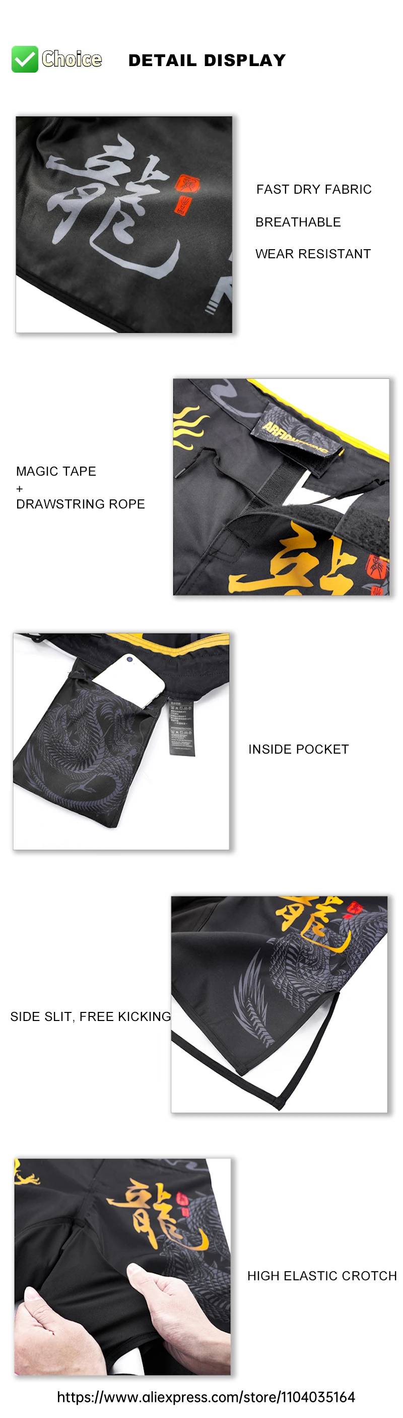 MMA-Shorts zum Training, Kickboxen, Drache, schwarze Kampfshorts für Kampfsport, Cage Fight, Muay Thai, BJJ, Boxen, Grappling – Detail 6