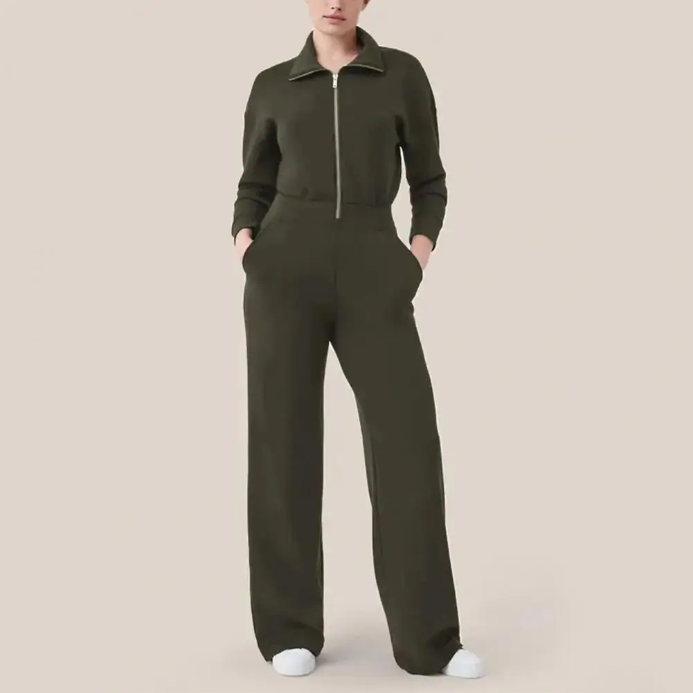 Jumpsuit lengan panjang wanita, Jumpsuit nyaman warna Solid dengan saku kaki lebar, penutupan ritsleting, kaki hangat