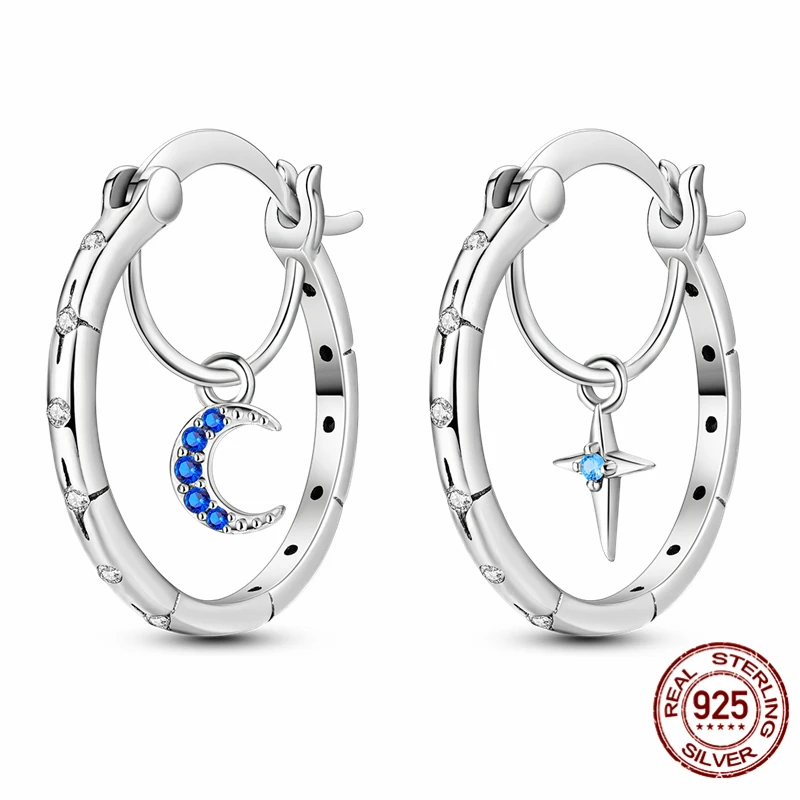 

High-quality S925 sterling silver earrings, women's star and moon hoop earrings, anniversary and wedding jewelry gifts.