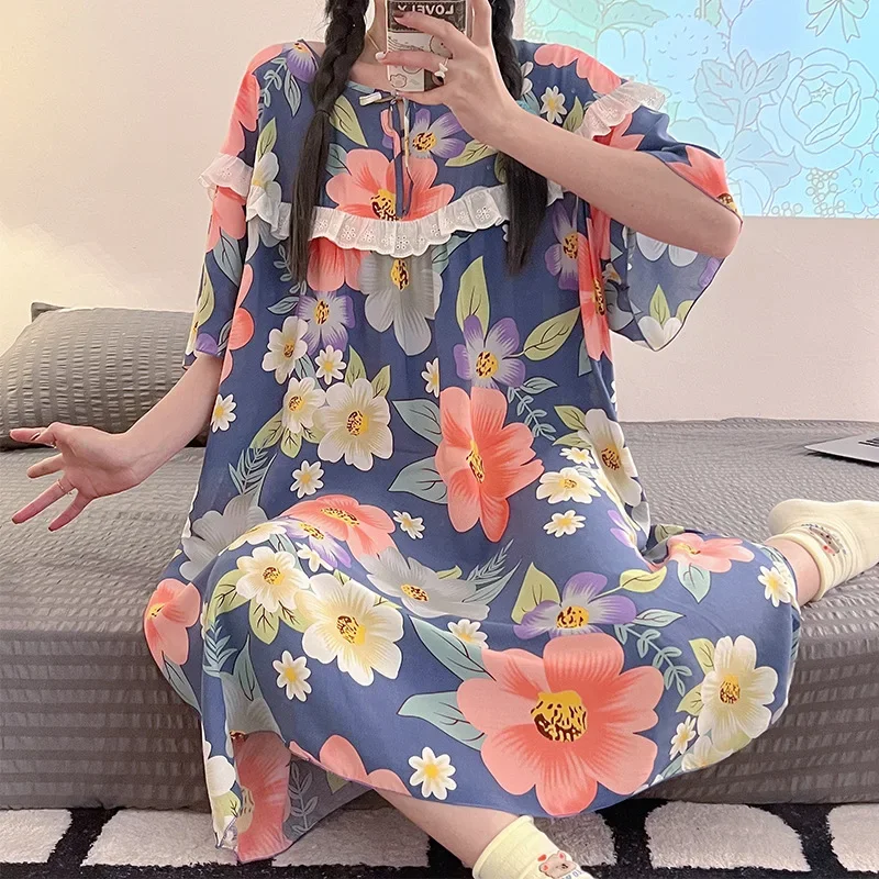 

Plus Size Floral Print Woman Satin Summer Nightgowns Nightdress Night Dresses Robe Lounge Lady Women Pijama Sleepwear Pajama Pj