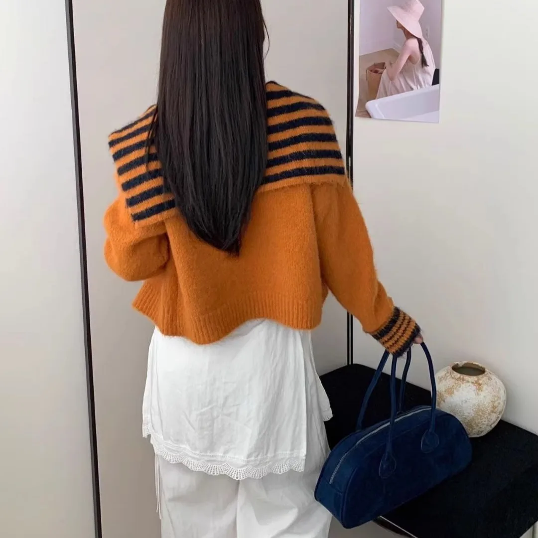 

Женский вязаный темно-синий свитер с воротником, осень-зима, новый корейский шикарный полосатый цветной блуз, открытый кардиган для колледжа, топ