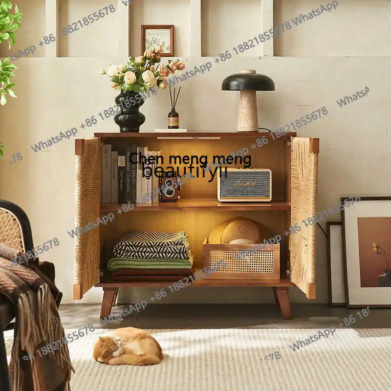 원목 라탄 다이닝 사이드 캐비닛 일본식 심플 수납장 거실 현관 선반 가정용 차 캐비닛 H