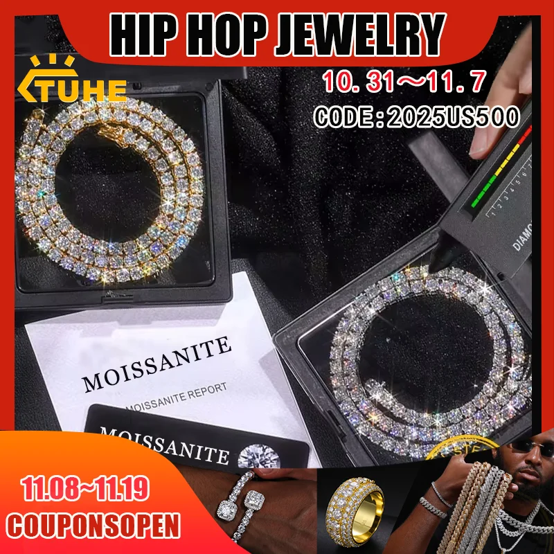 

TUHE Unisex Moissanite Tennis S925 Necklace VVS1 Moissanite Tennis Chain S925 Silver For Men Women Gift Pass Diamonds Test