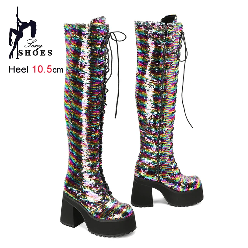 

Glitter Boots Lace-up Thick Platform Thigh High Nightclub Party Bling Gothic Women Shoes 10.5CM Sparkly Round Toe OverKnee Boots