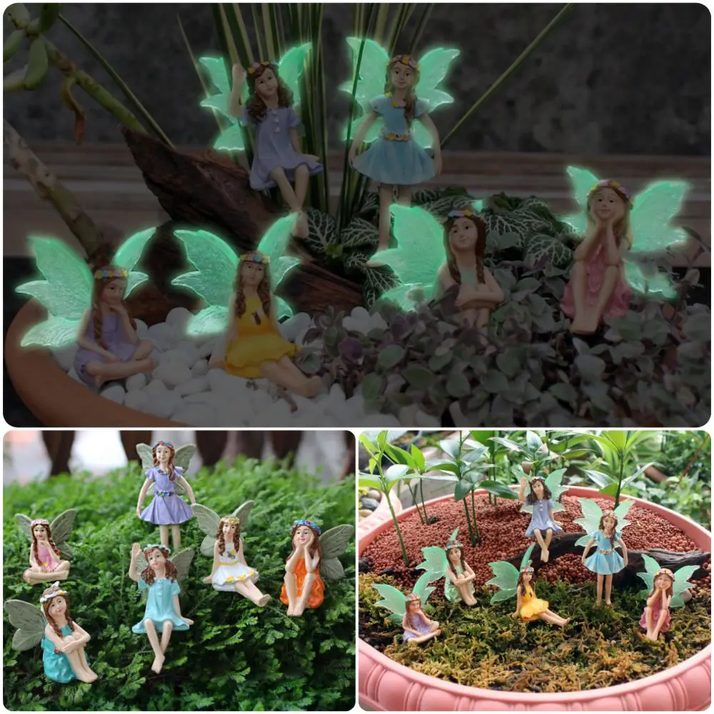 6PCS Multicolor Miniature Fairy Figurine Glow in The Dark Beautiful Wings Fairy Bonsai Ornament Micro Landscape Resin