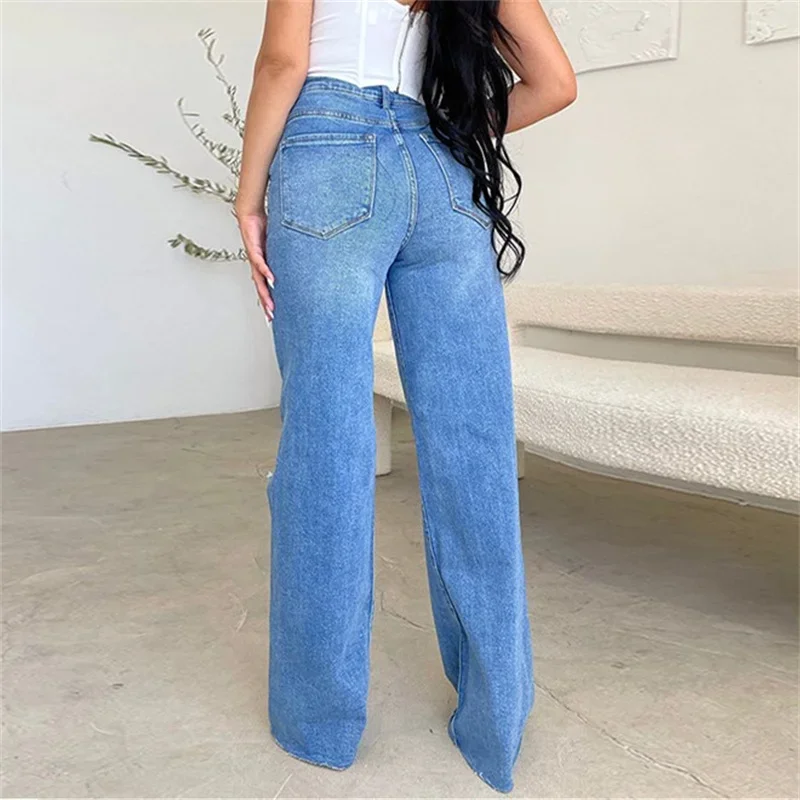 New Knee Broken Holes Hollow Out Jeans dritti donna vita alta bottone Splicing pantaloni in Denim pantaloni Casual a gamba larga femminili