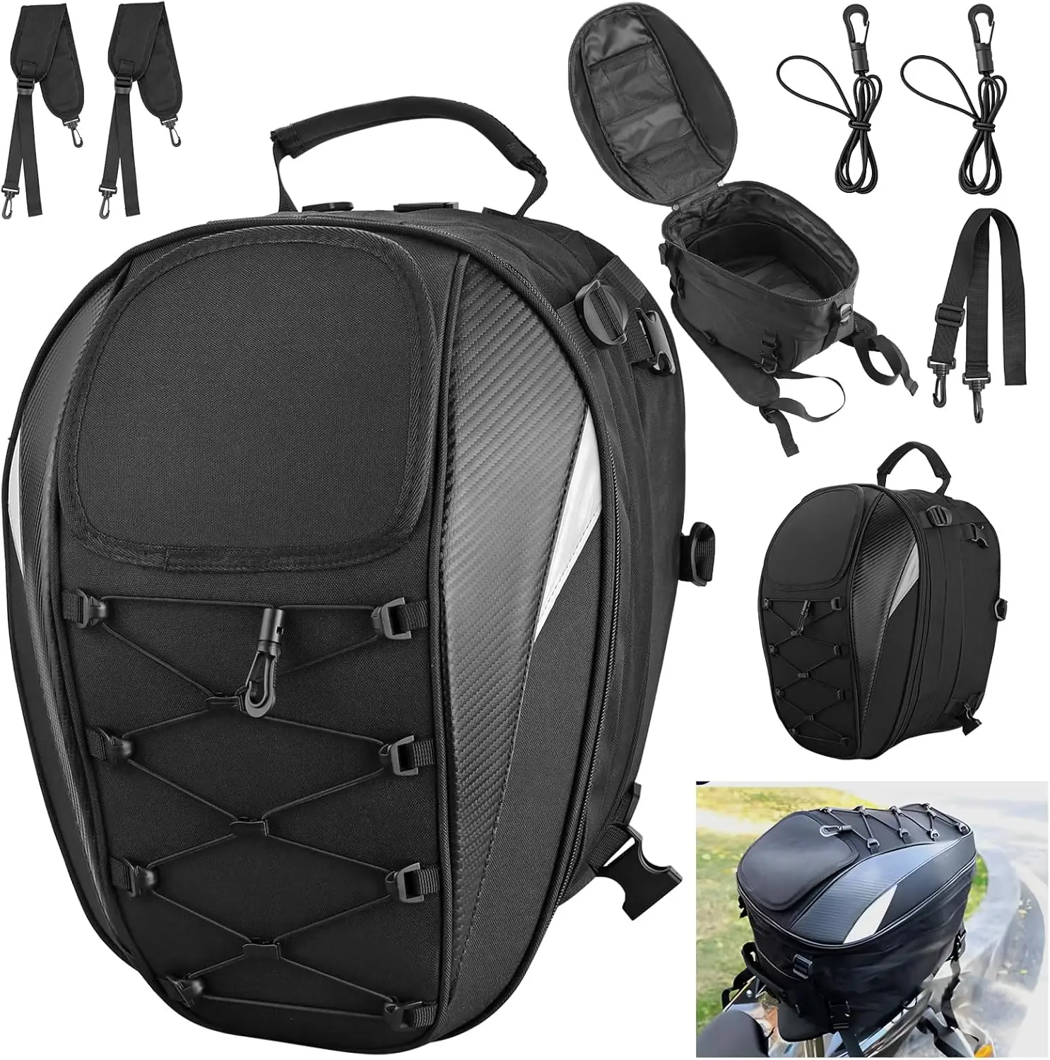 

38L Motorcycle Tail Bag, Expandable Waterproof Motorbike Helmet Backpack Luggage Bag with Rain Cover for Motorcycle