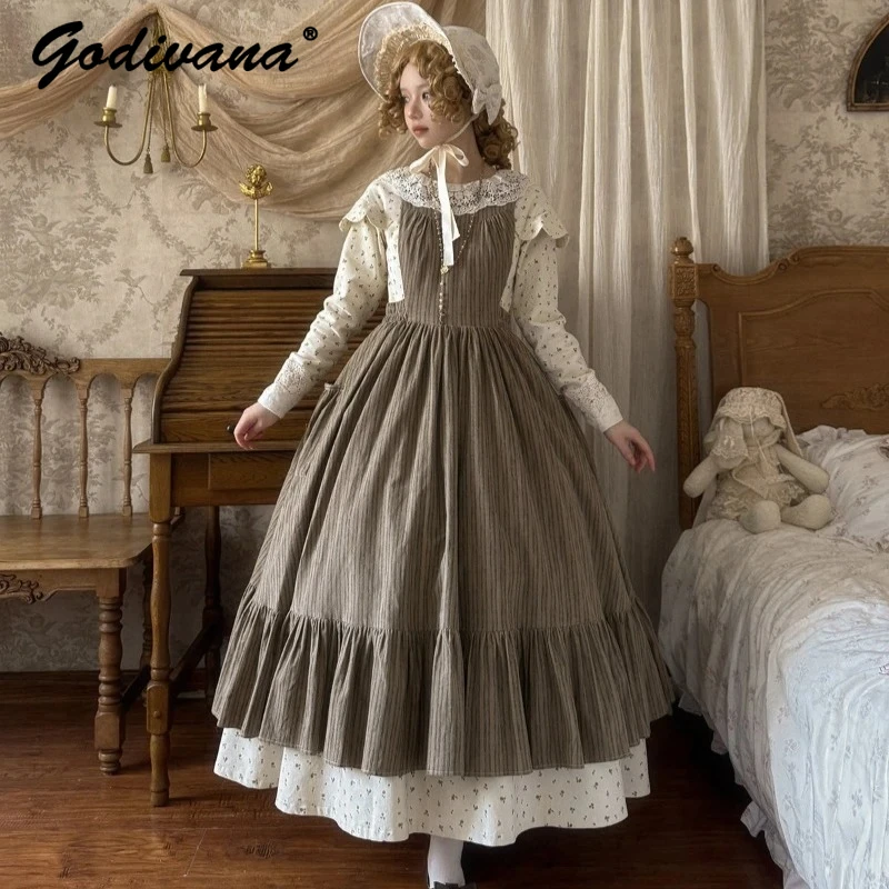 

Original New Spring and Autumn Women's Long Sleeve Floral Print Cotton Long Dress Stripes Tank Dress 2 Piece Retro Dress Set