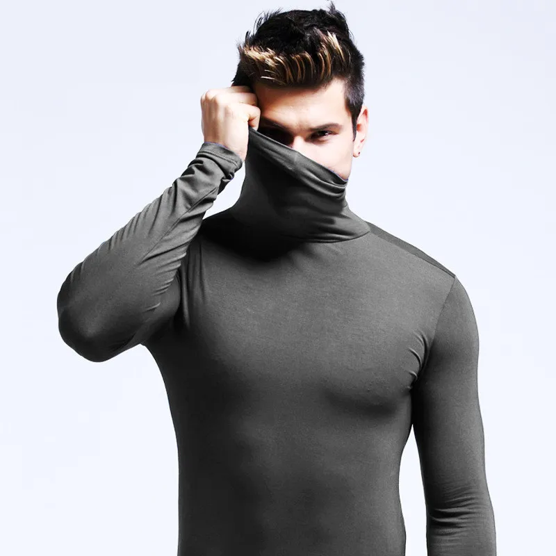 Turtleneck Long Sleeve Men Thermal Tops Undershirts High Collar T-shirt Tight Slim Fit Base Shirt Tees Boys Male Modal Pullover