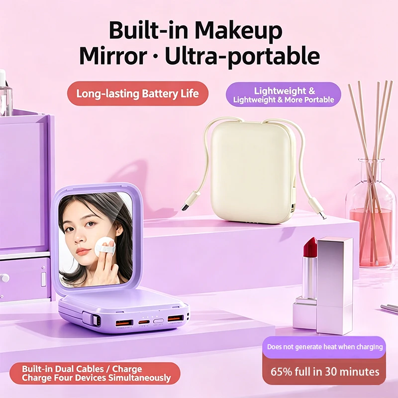 DX377 10000mAh mobile power bank with quick charging and makeup mirror, comes with charging cable, suitable for iPhone Samsung
