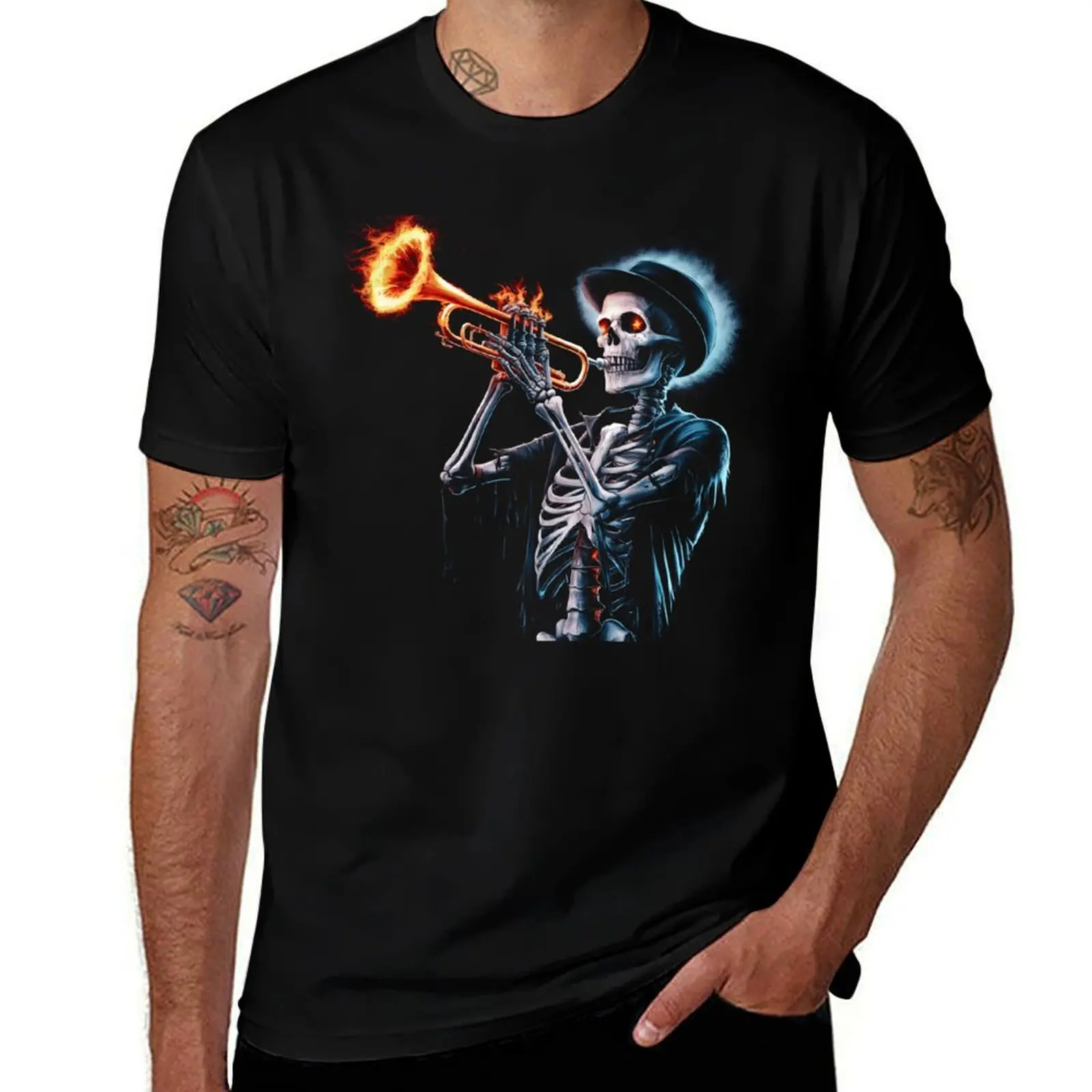 Skeleton playing trumpet Musician Halloween graphic art T-Shirt Louboutins anime tshirt Luxury man mens funny t shirts