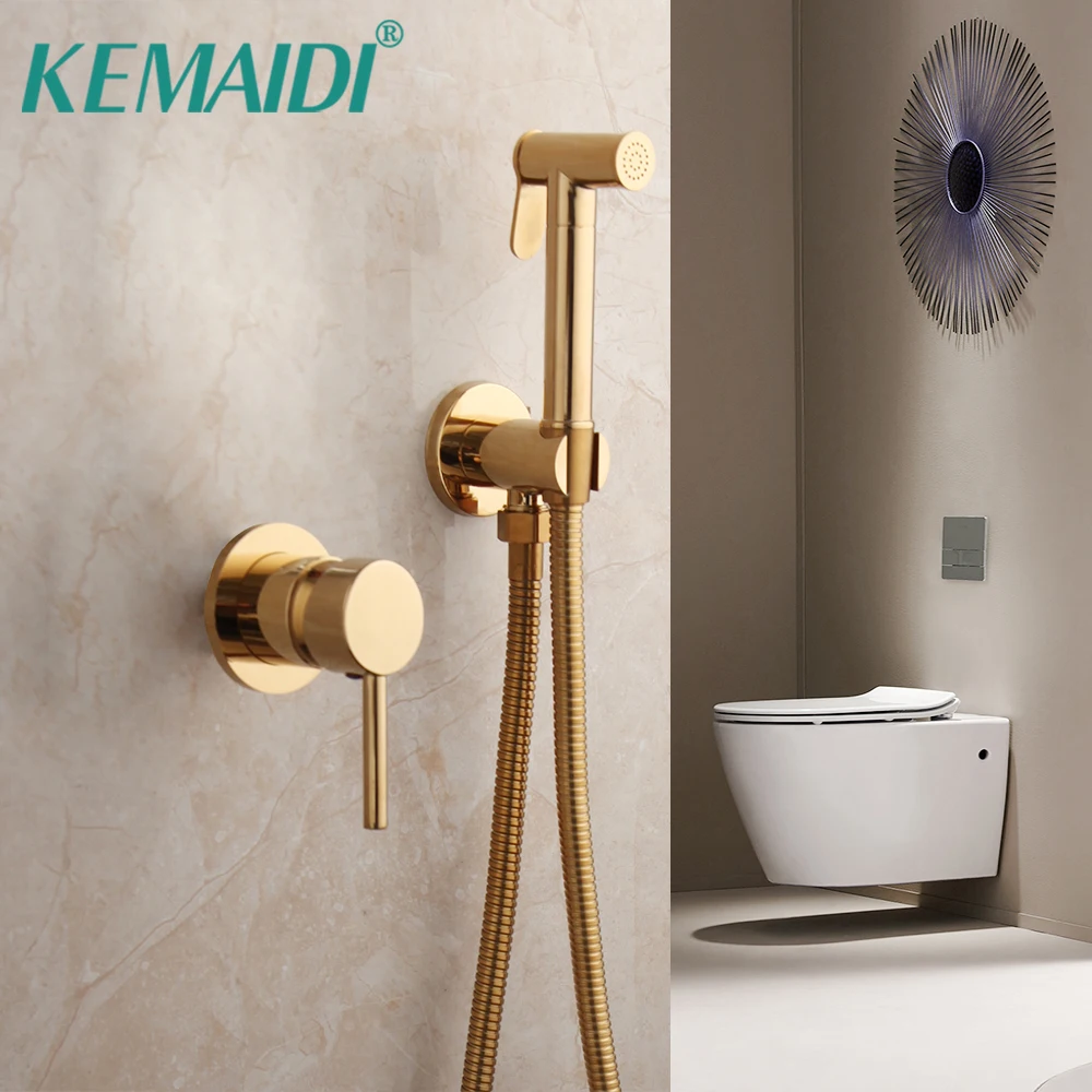 

KEMADI Bathroom Concealed Hot and Cold Bidet Spray Set Gold Brass HandHeld Sprayer Toilet Faucet Mixer Tap