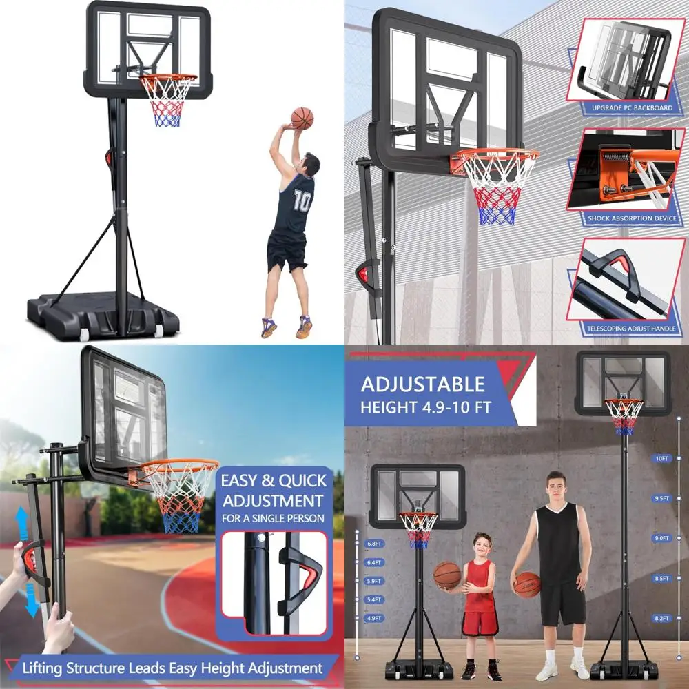 

Adjustable Height Portable Basketball Hoop with 44" Impact Backboard and Wheels for Outdoor Use