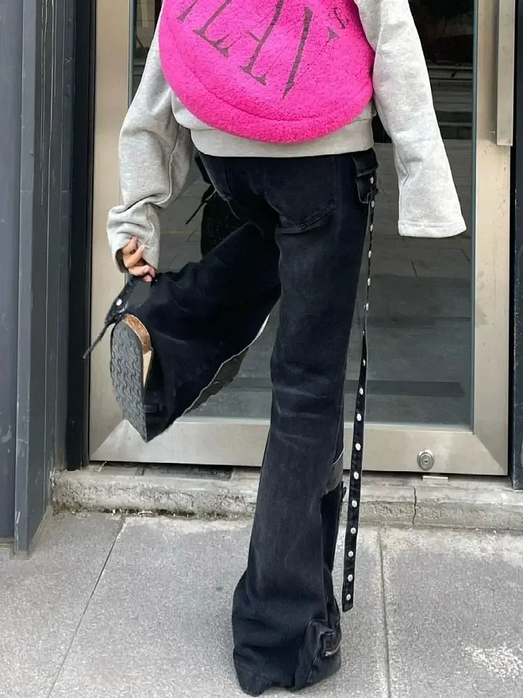 American Retro Streetwear Vintage Zipper Splicing Micro Flared Jeans Women Y2k Slim Multi Pocket Straight Wide Leg Denim Pants