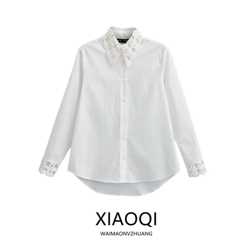 

Faionable Casual Loose Patchwork irt for Women 2023 New Sle Straight Tube Long Sve Collar Regular Length Pure C...