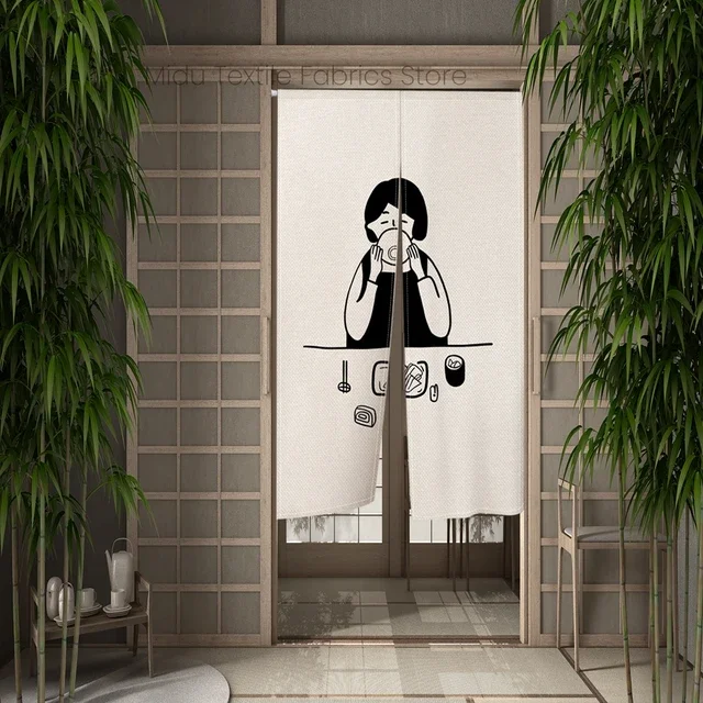 Hand Painted Cartoon Cat Japanese Door Curtain Partition Kitchen Living Room Entryway Half Curtain Noren Bathroom Doorway Decor