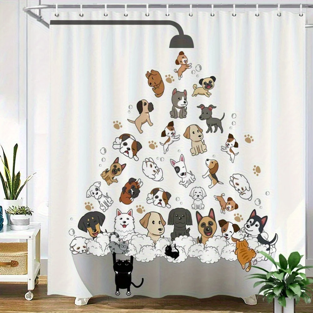 1pc Playful Dogs Bubble Bath Shower Curtain - Cartoon Style, Whimsical Dogs Playing in Bubbles, Polyester Fabric, Machine Washab