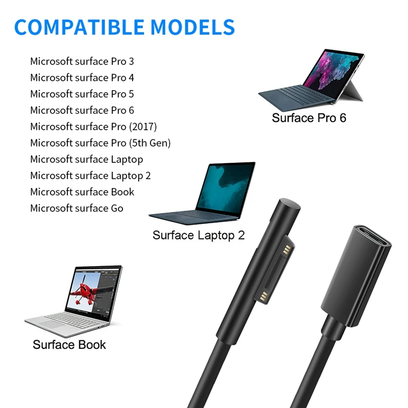 USB Type C PD 15V Power Charger Adapter Converter Charging Cable For Surface Pro 7/6/5/4/3/GO/BOOK Laptop 1/2