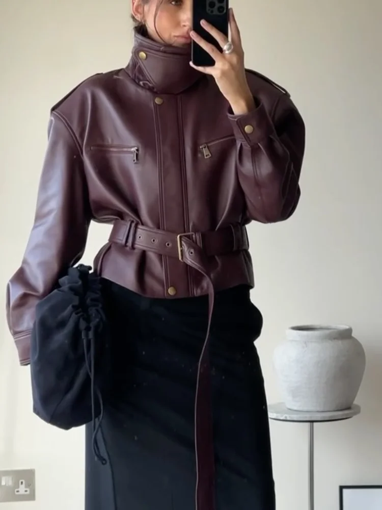 شيك بورجوندي الخصر Cinching سترة المرأة أزياء من الدانتل يصل الوقوف طوق سستة دلو سترات قصيرة 2025 سيدة شارع العليا معطف