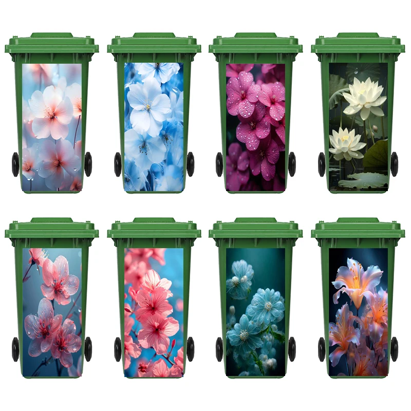 

Colorful Flowers Vinyl Waterproof Trash Can Stickers Outdoor Dustbin Rubbish Poster Decals Decoration Kitchen Trash Can Sticker