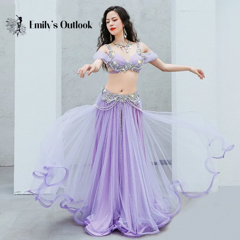 Belly Dance 2023 Luxury Competition Outfit Embroidery Beaded Bra Shine Swing Skirt Popsong Bollywood Arabic Costume Caderines