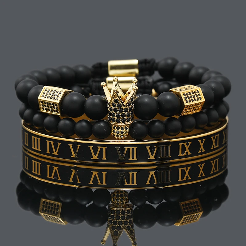 高級ナチュラルホワイトストーンビーズチャームクラウン CZ クリスタルマンブレスレットローマ数字ステンレス鋼腕輪女性ジュエリーギフト