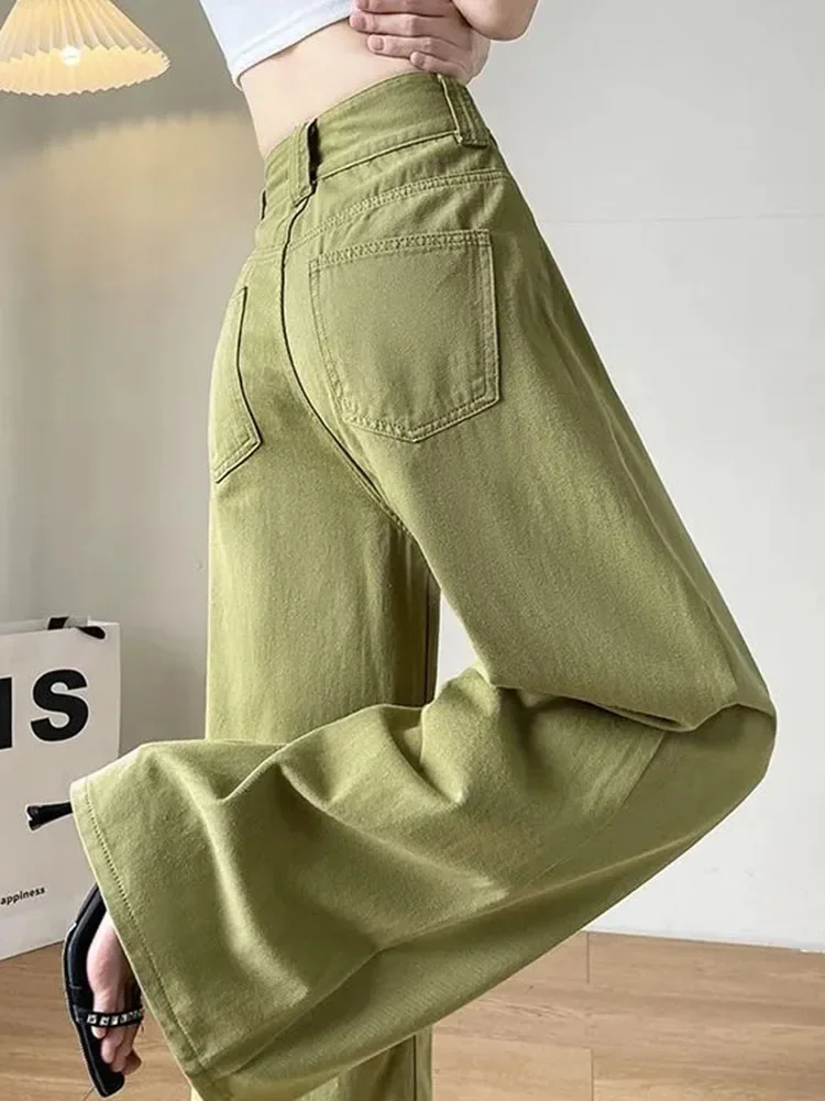 2025 New Green Baggy Wide Leg Jeans Women Vintage High Waist Straight Denim Pants Korean Casual Streetwear Thin Loose