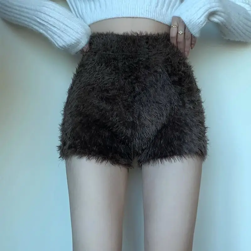 Wedbleser Maillard Warm Imitation Mink Fur Knitted Shorts Women Europe Sexy High Waist Tight Slim Hip Hugging Casual Hot Shorts