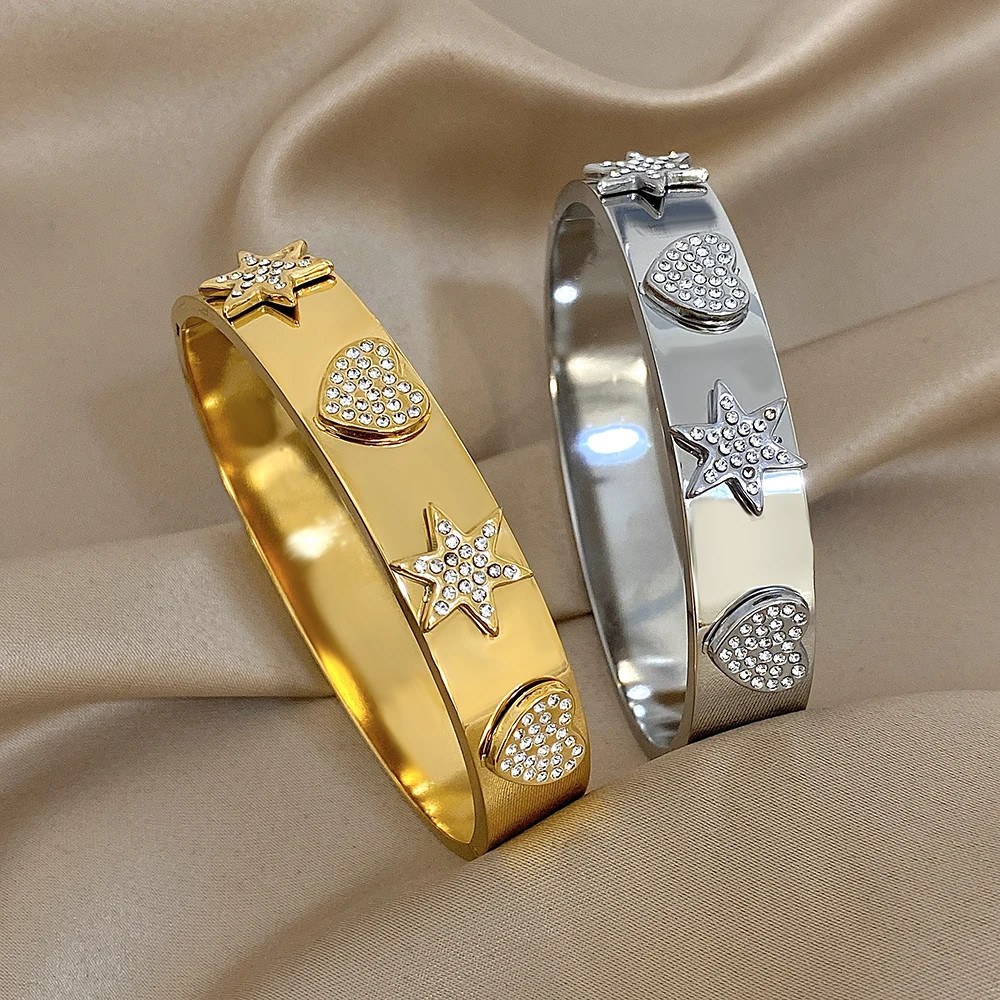 

Freetry New Waterproof Stainless Steel Bangle Women Luxury Zircon Star Heart Wide Bracelet Spring Open Bangle Jewelry Gift 2026