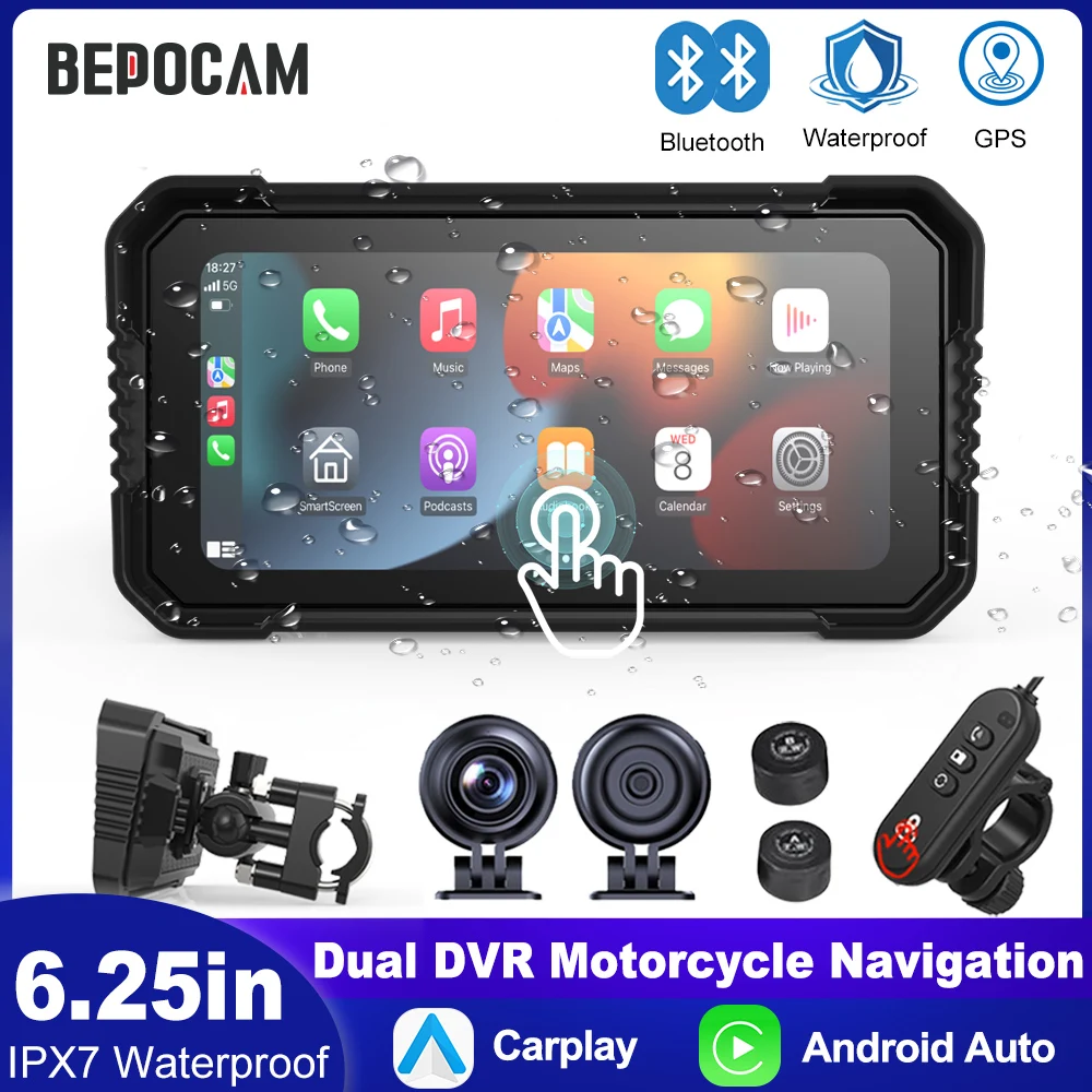 

BEPOCAM 6.25inch Motorcycle Screen GPS Navigation Wireless Carplay Android Auto DVR Drive Recorder Moto Monitor IPX7 Waterproof